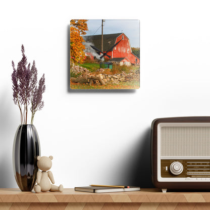 U R There Photography Greenwood Road Red in the Fall Rustic Farmhouse Acrylic Analog Wall Clock