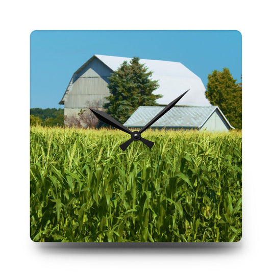 U R There Photography White Cornfield Barn Rustic Farmhouse Acrylic Analog Wall Clock 10.75'' × 10.75'' (Square)