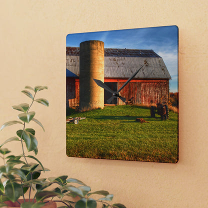 U R There Photography Peck Road Red and Silo Rustic Farmhouse Acrylic Analog Wall Clock