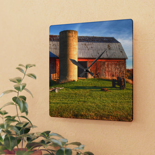 U R There Photography Peck Road Red and Silo Rustic Farmhouse Acrylic Analog Wall Clock