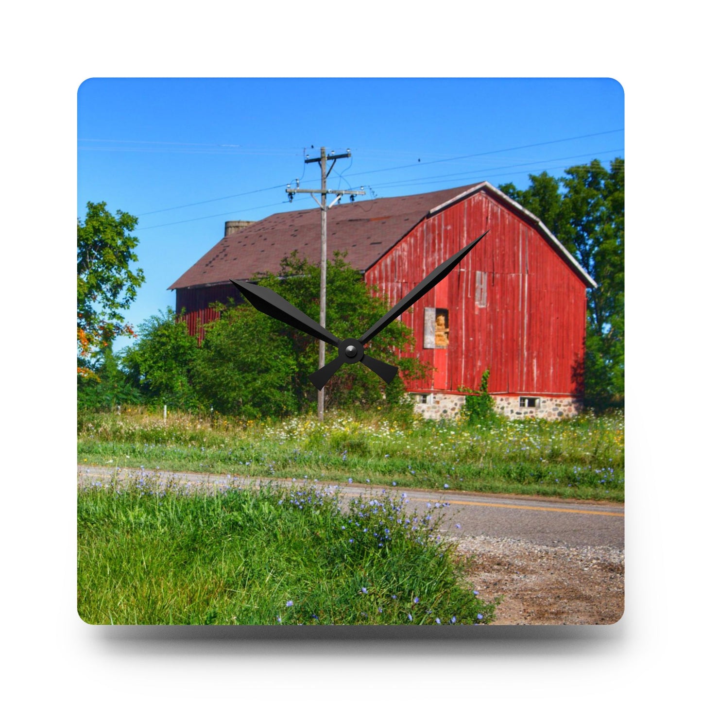 U R There Photography Armstrong Road Red II Rustic Farmhouse Acrylic Analog Wall Clock
