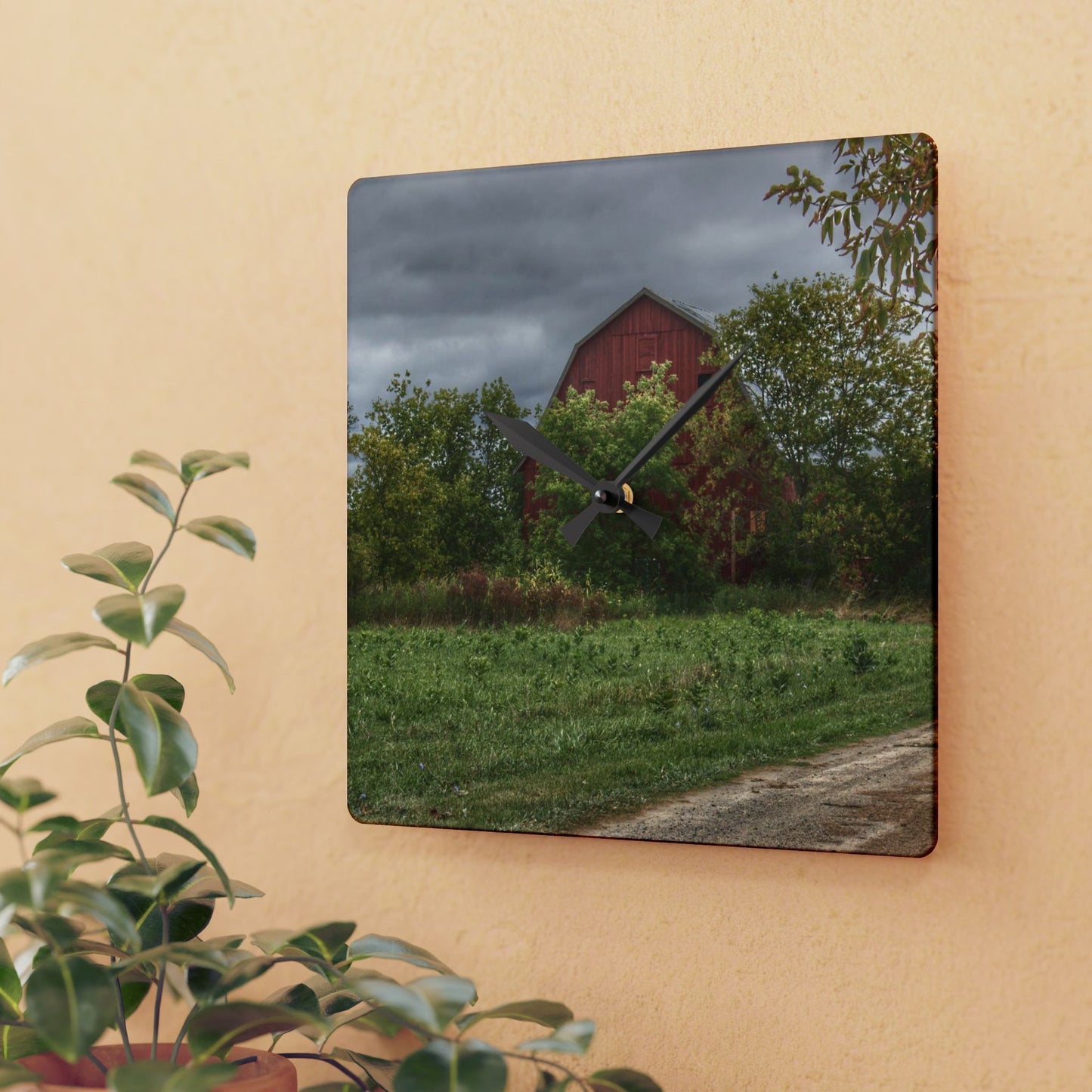 U R There Photography Bristol Road Hidden Red Rustic Farmhouse Acrylic Analog Wall Clock