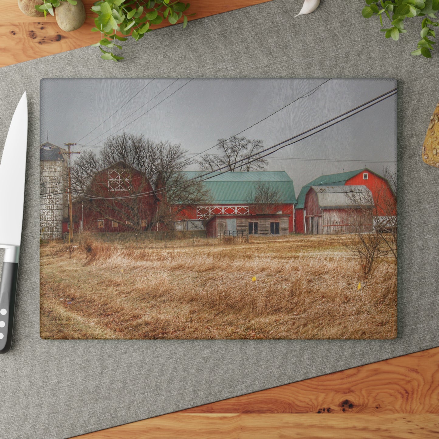 U R There Photography Mound Road Reds and Silo Rustic Farmhouse Tempered-Glass Cutting Board