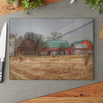 U R There Photography Mound Road Reds and Silo Rustic Farmhouse Tempered-Glass Cutting Board