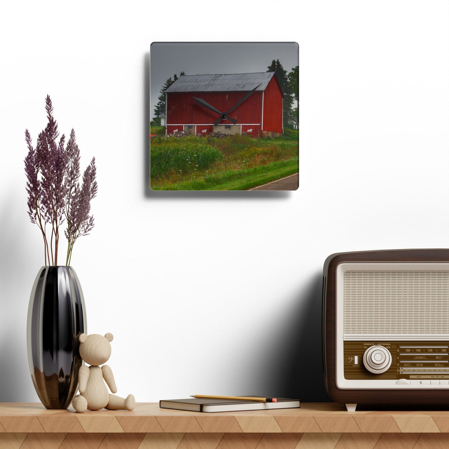 U R There Photography Brown Road Horse Barn I Rustic Farmhouse Acrylic Analog Wall Clock