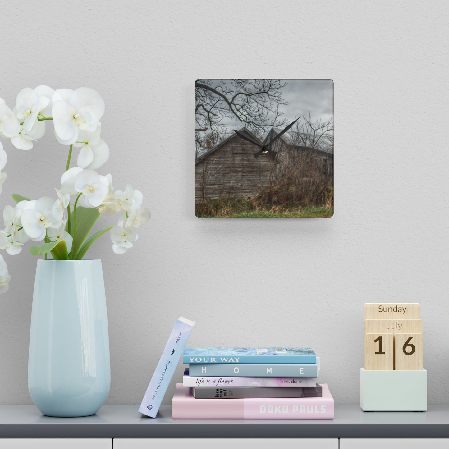 U R There Photography Bowers Road Greys II Rustic Farmhouse Acrylic Analog Wall Clock