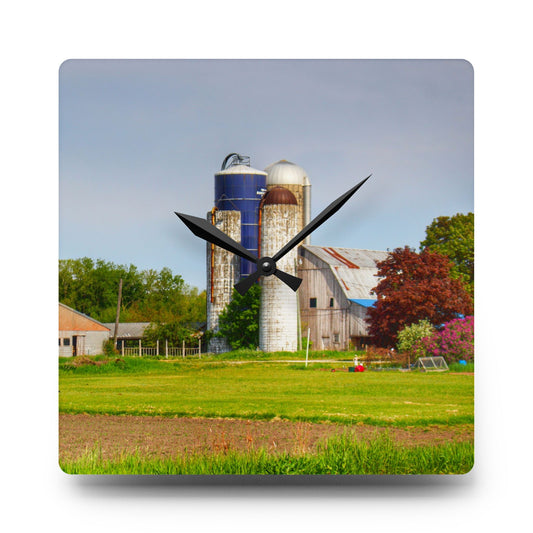 M-25 Old Grey and Silos Rustic Farmhouse Acrylic Analog Wall Clock 10.75'' × 10.75'' (Square)