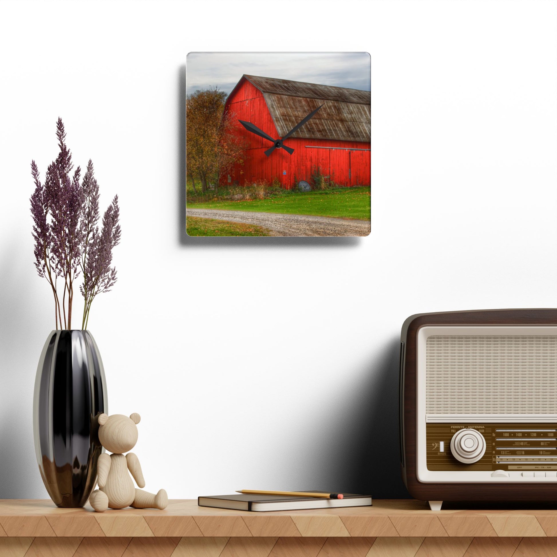 U R There Photography Oak Road Barber Barn II Rustic Farmhouse Acrylic Analog Wall Clock 10.75'' × 10.75'' (Square)