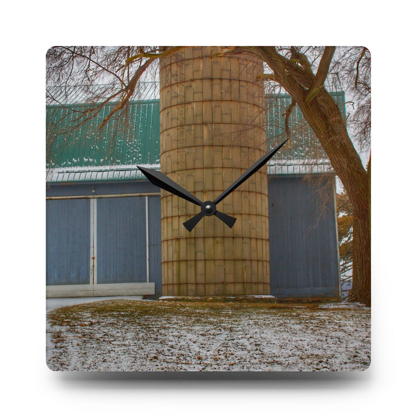 U R There Photography Hollow Corners Grey and Silo Rustic Farmhouse Acrylic Analog Wall Clock