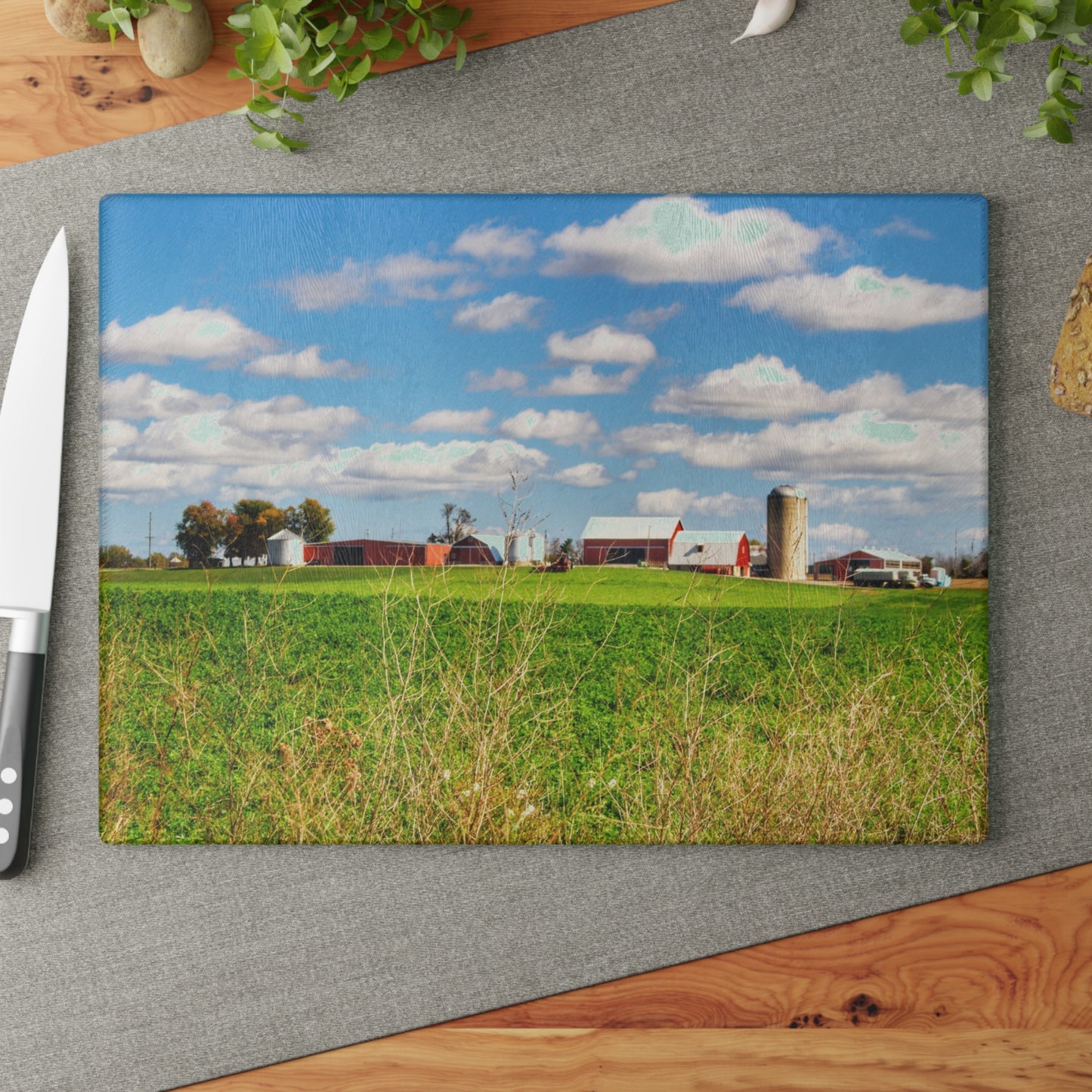 U R There Photography Pattison Road Farm Across the Field I Rustic Farmhouse Tempered-Glass Cutting Board