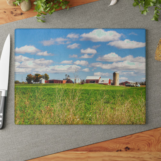 U R There Photography Pattison Road Farm Across the Field I Rustic Farmhouse Tempered-Glass Cutting Board