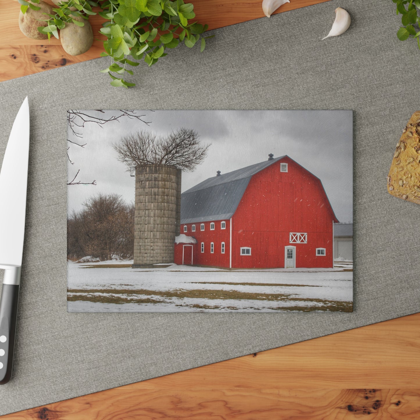 U R There Photography Hollow Corners Red Tree Silo Rustic Farmhouse Tempered-Glass Cutting Board