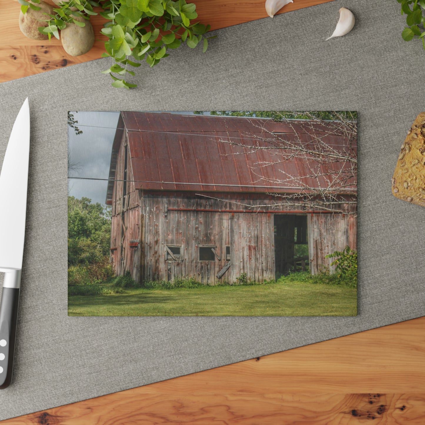 Barn Boutique Rustic Tempered-Glass Cutting Board| Columbiaville Roadside Grey and Rusted