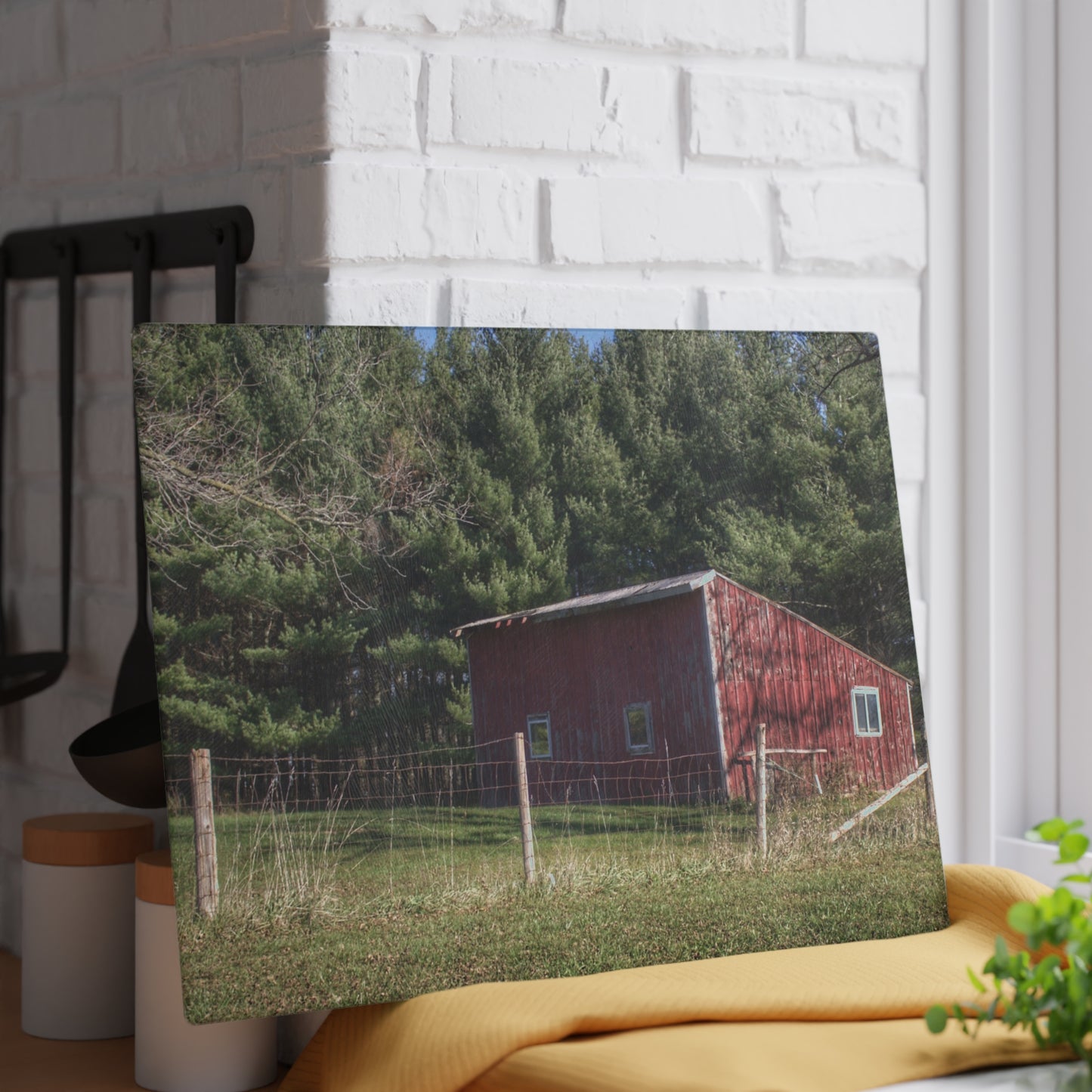 U R There Photography Little Red Shack Rustic Farmhouse Tempered-Glass Cutting Board