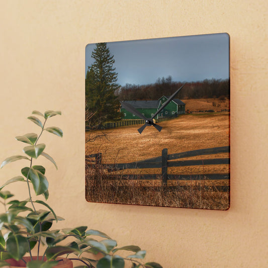 U R There Photography Green Barns and Broken Fences Rustic Farmhouse Acrylic Analog Wall Clock