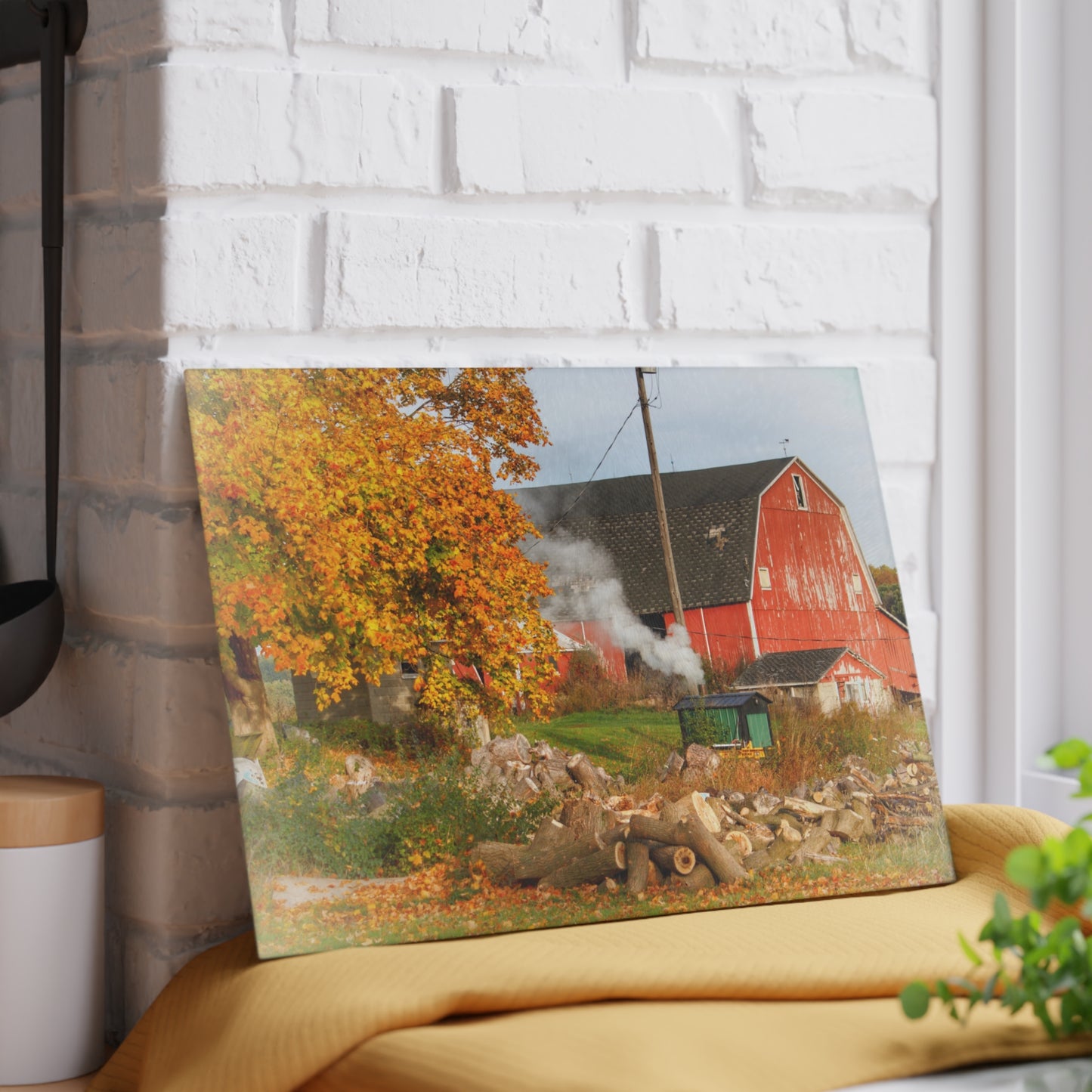 U R There Photography Greenwood Road Red in the Fall Rustic Farmhouse Tempered-Glass Cutting Board