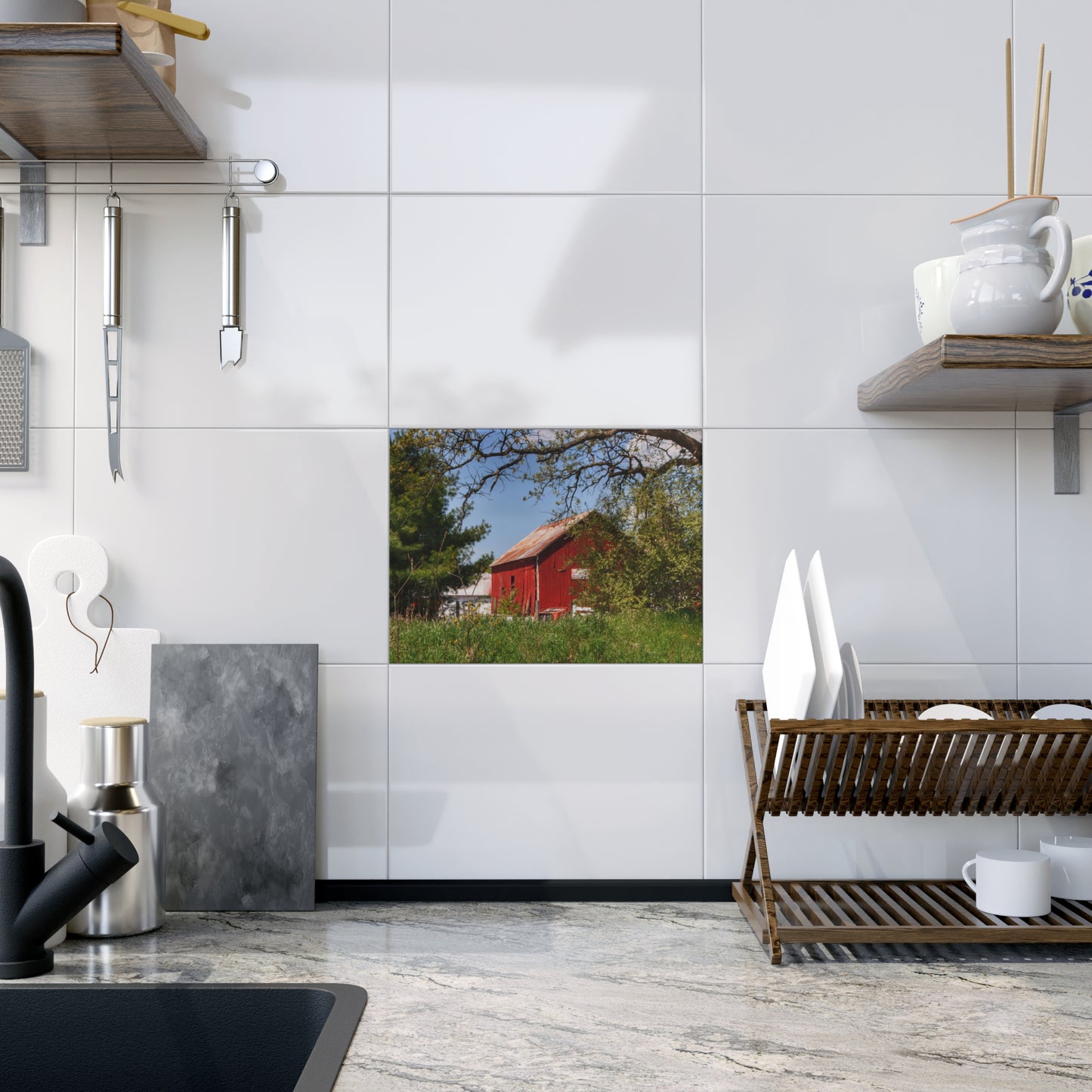 U R There Photography Bronson Lake Road Barn at the Bend Rustic Farmhouse Decorative Ceramic Tile 6" × 8" Glossy