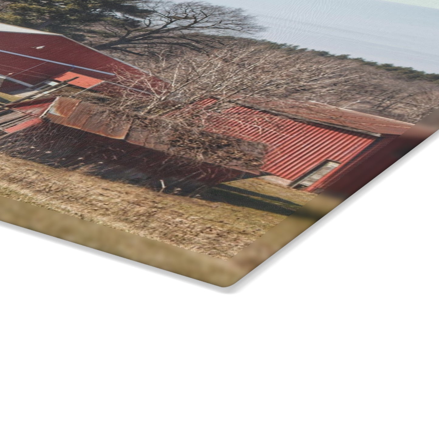 U R There Photography Bronson Lake Reds Rustic Farmhouse Tempered-Glass Cutting Board 8"x 11"