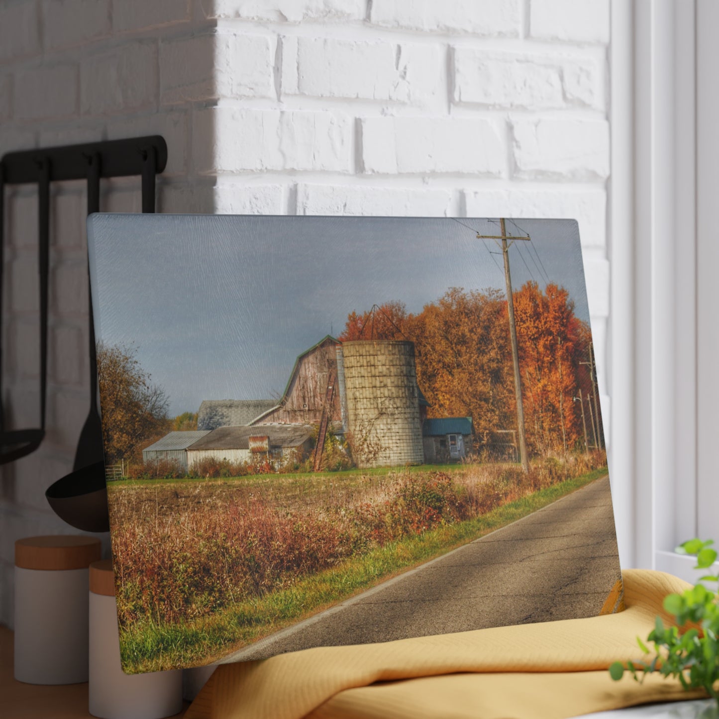 U R There Photography Plumb Creek Road Red in Fall II Rustic Farmhouse Tempered-Glass Cutting Board