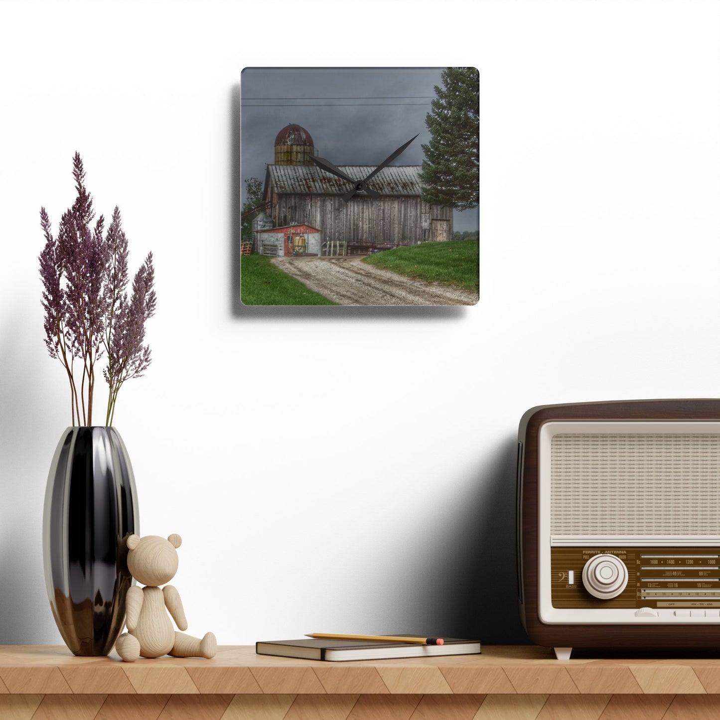 U R There Photography North Lake Road Grey Rustic Farmhouse Acrylic Analog Wall Clock