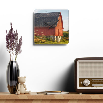 U R There Photography Otter Lake Road Red II Rustic Farmhouse Acrylic Analog Wall Clock