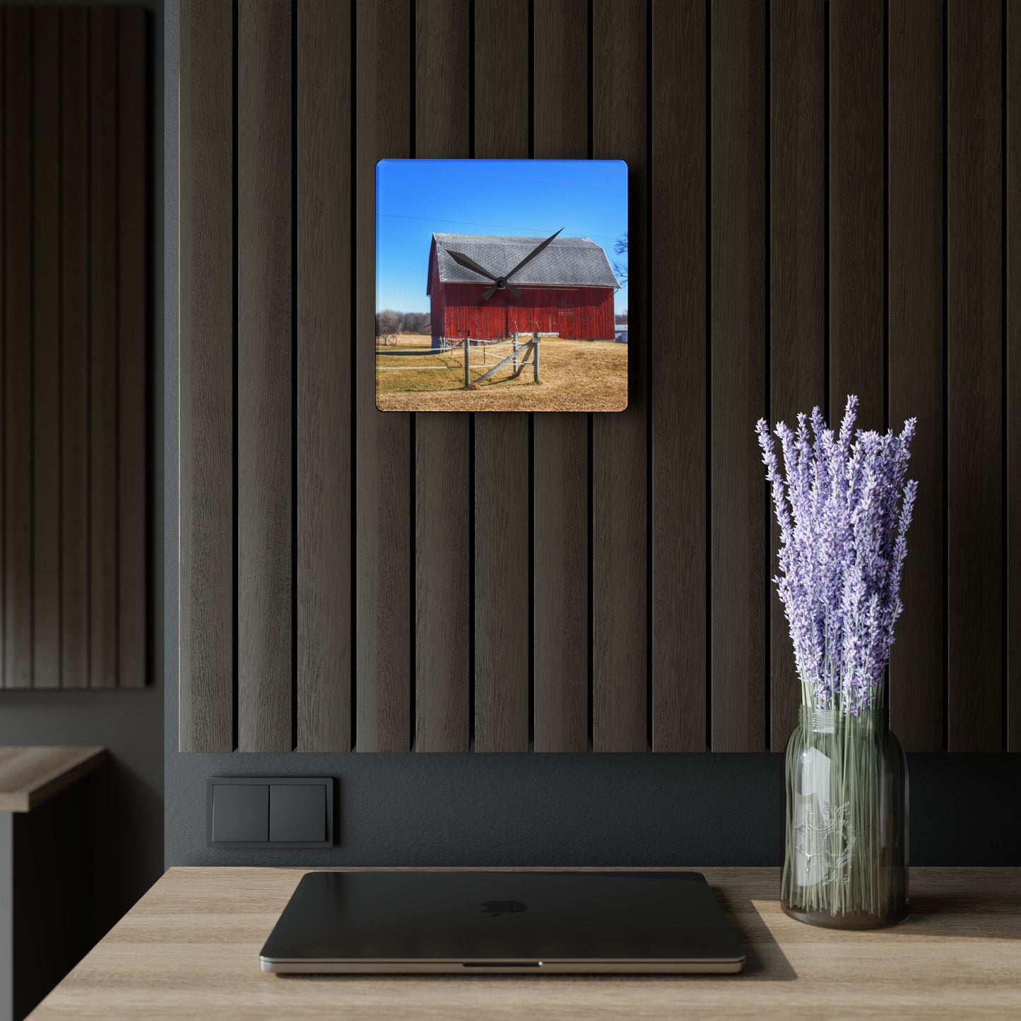 U R There Photography Phillips Road Red Rustic Farmhouse Acrylic Analog Wall Clock