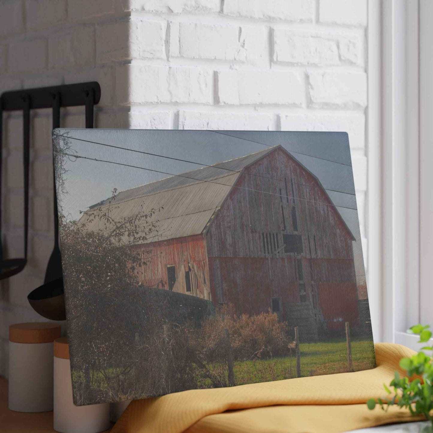 U R There Photography Dodge Road Red I Rustic Farmhouse Tempered-Glass Cutting Board