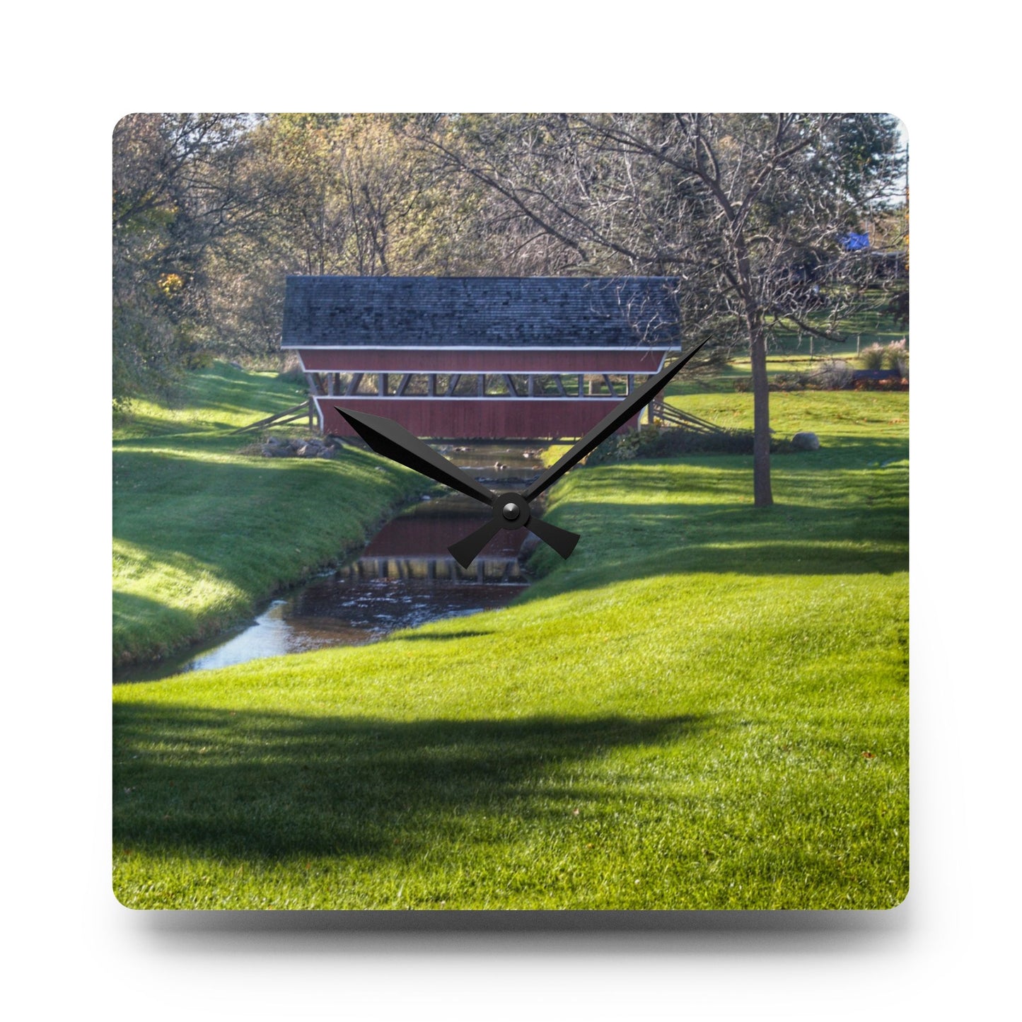 U R There Photography Hadley Covered Bridge I Rustic Farmhouse Acrylic Analog Wall Clock