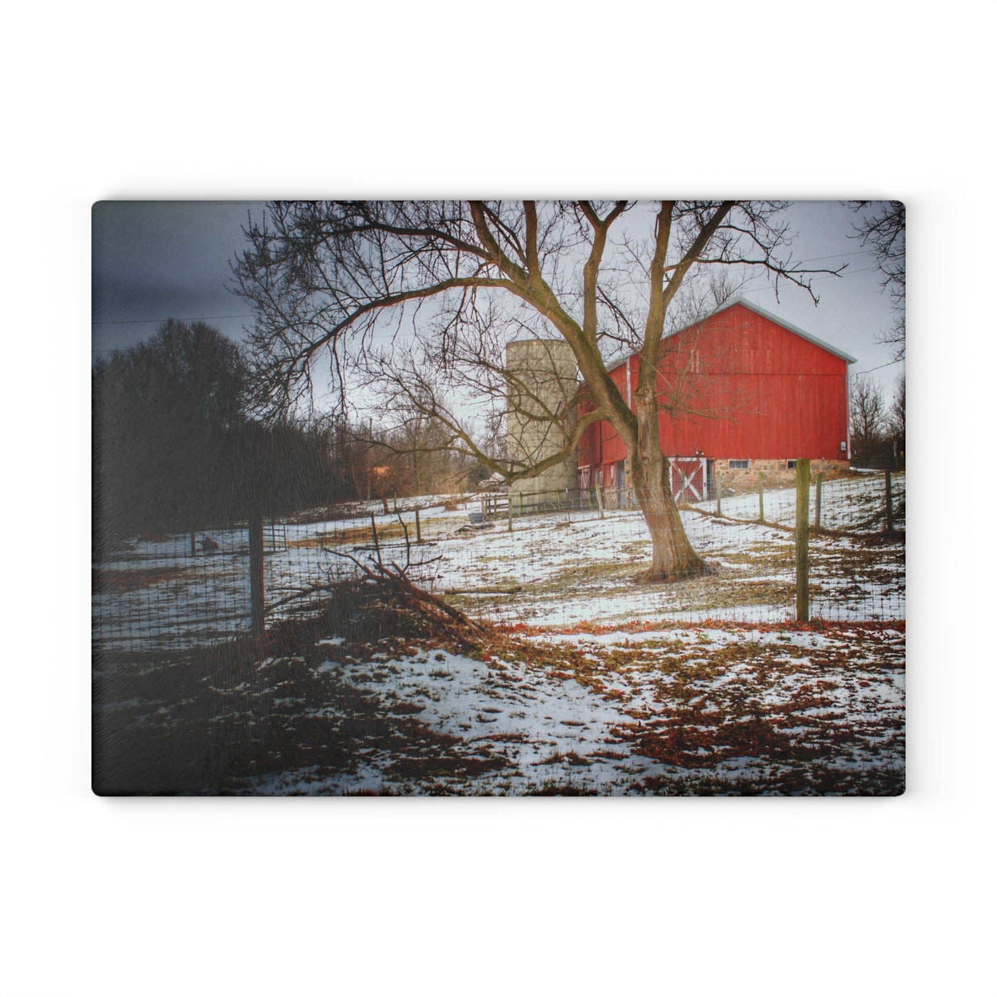 U R There Photography LeValley Road Red and Silo Rustic Farmhouse Tempered-Glass Cutting Board