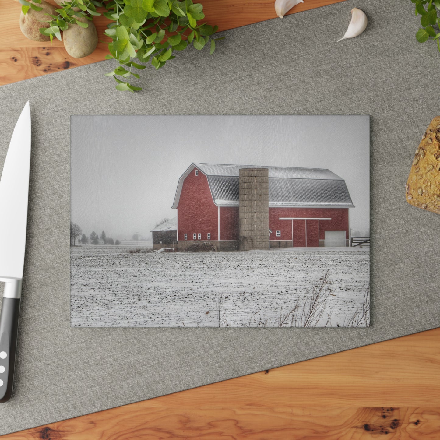 U R There Photography Winter Red Rustic Farmhouse Tempered-Glass Cutting Board