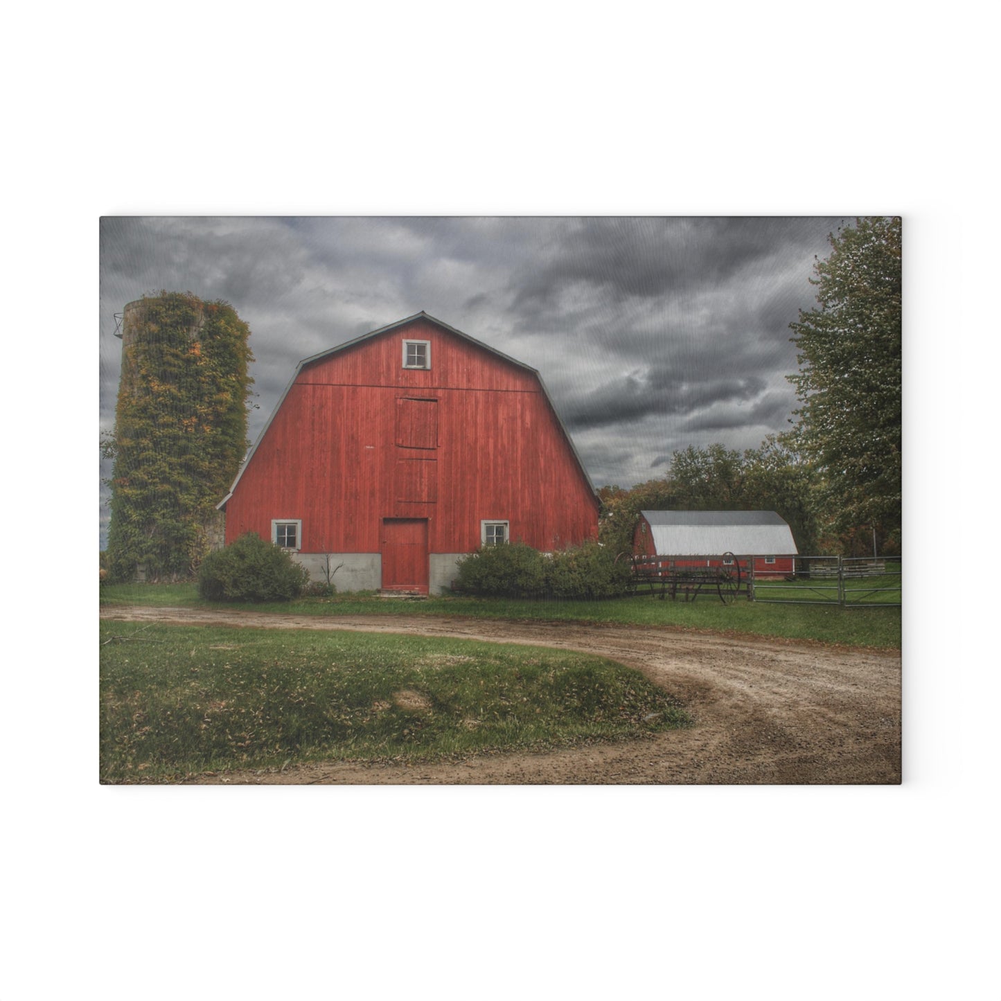 U R There Photography Horton Road Red and Silo Rustic Farmhouse Tempered-Glass Cutting Board