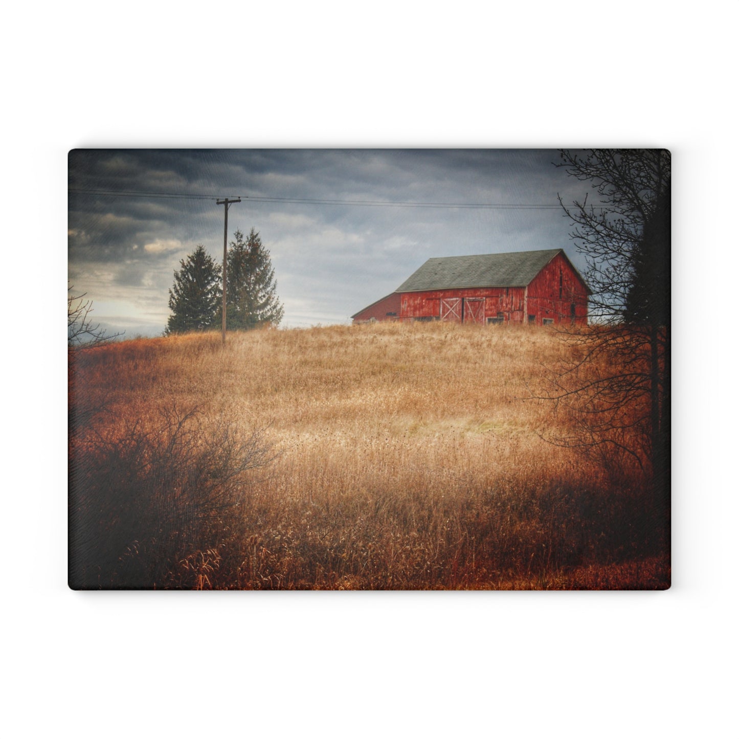 U R There Photography Grey Road Hillside Red II Rustic Farmhouse Tempered-Glass Cutting Board