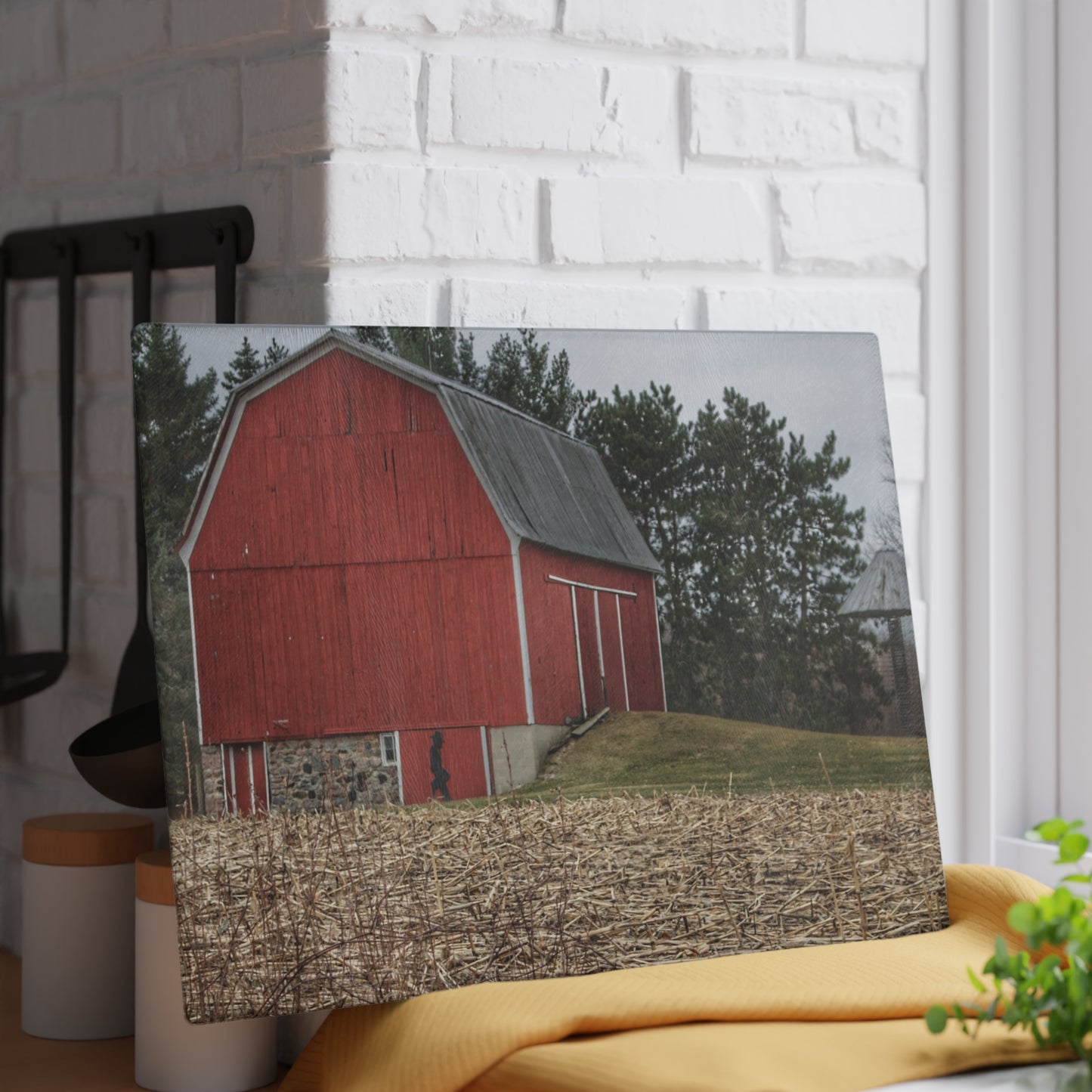 U R There Photography Fostoria Road Standing Man Red Rustic Farmhouse Tempered-Glass Cutting Board