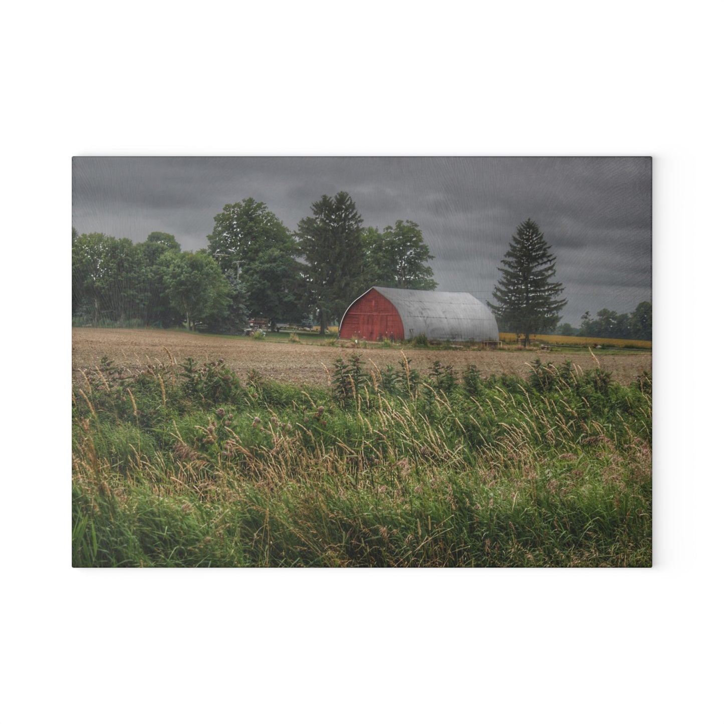 U R There Photography Mayville Road Red Quonset Rustic Farmhouse Tempered-Glass Cutting Board