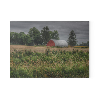 U R There Photography Mayville Road Red Quonset Rustic Farmhouse Tempered-Glass Cutting Board