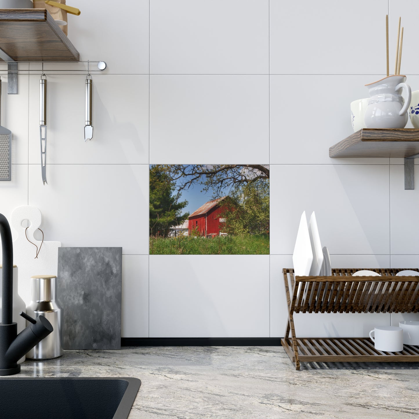 U R There Photography Bronson Lake Road Barn at the Bend Rustic Farmhouse Decorative Ceramic Tile 6" × 8" Glossy