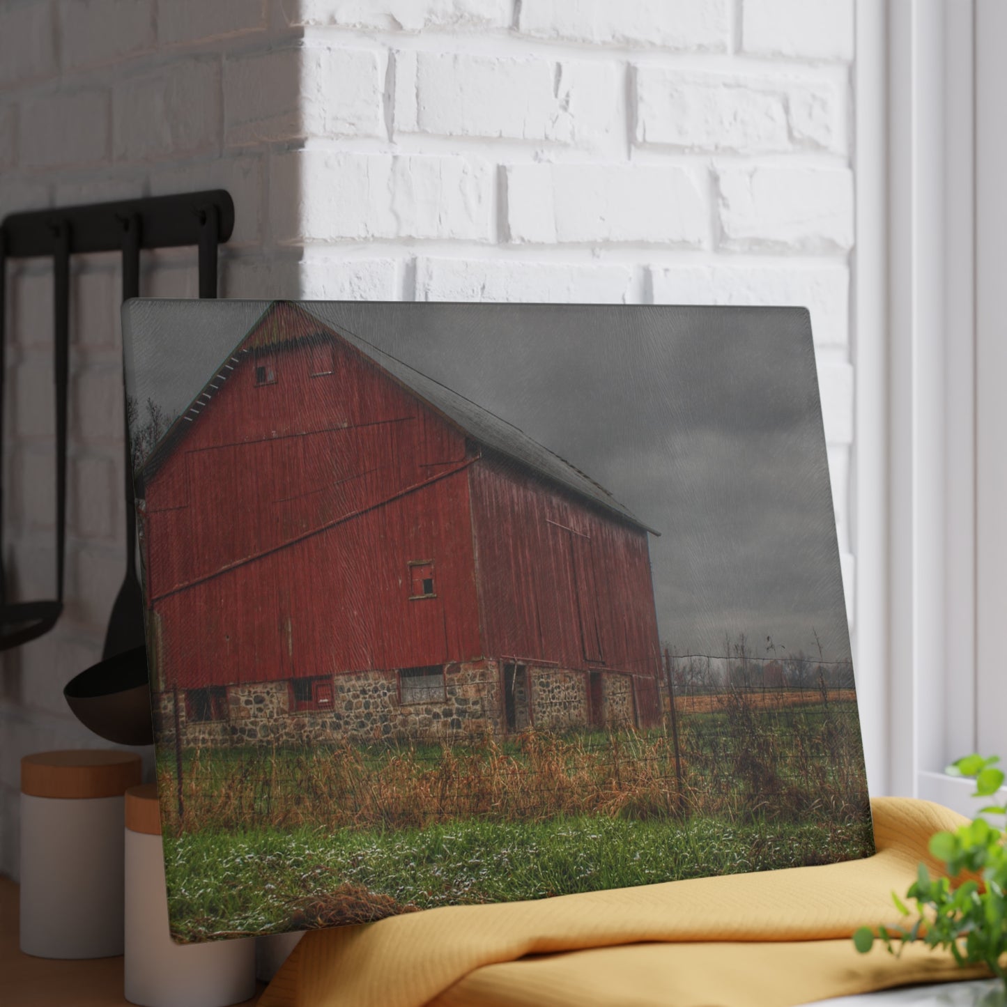 U R There Photography Bowers Road Red III Rustic Farmhouse Tempered-Glass Cutting Board
