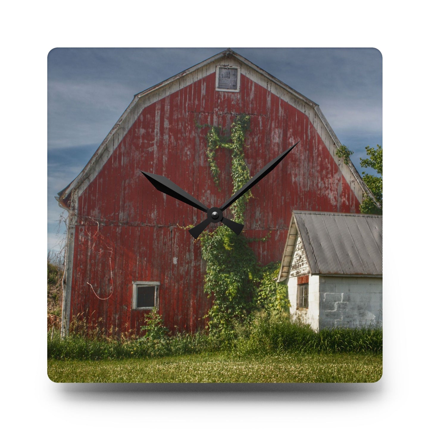 U R There Photography Stanley Road Red in Summer II Rustic Farmhouse Acrylic Analog Wall Clock