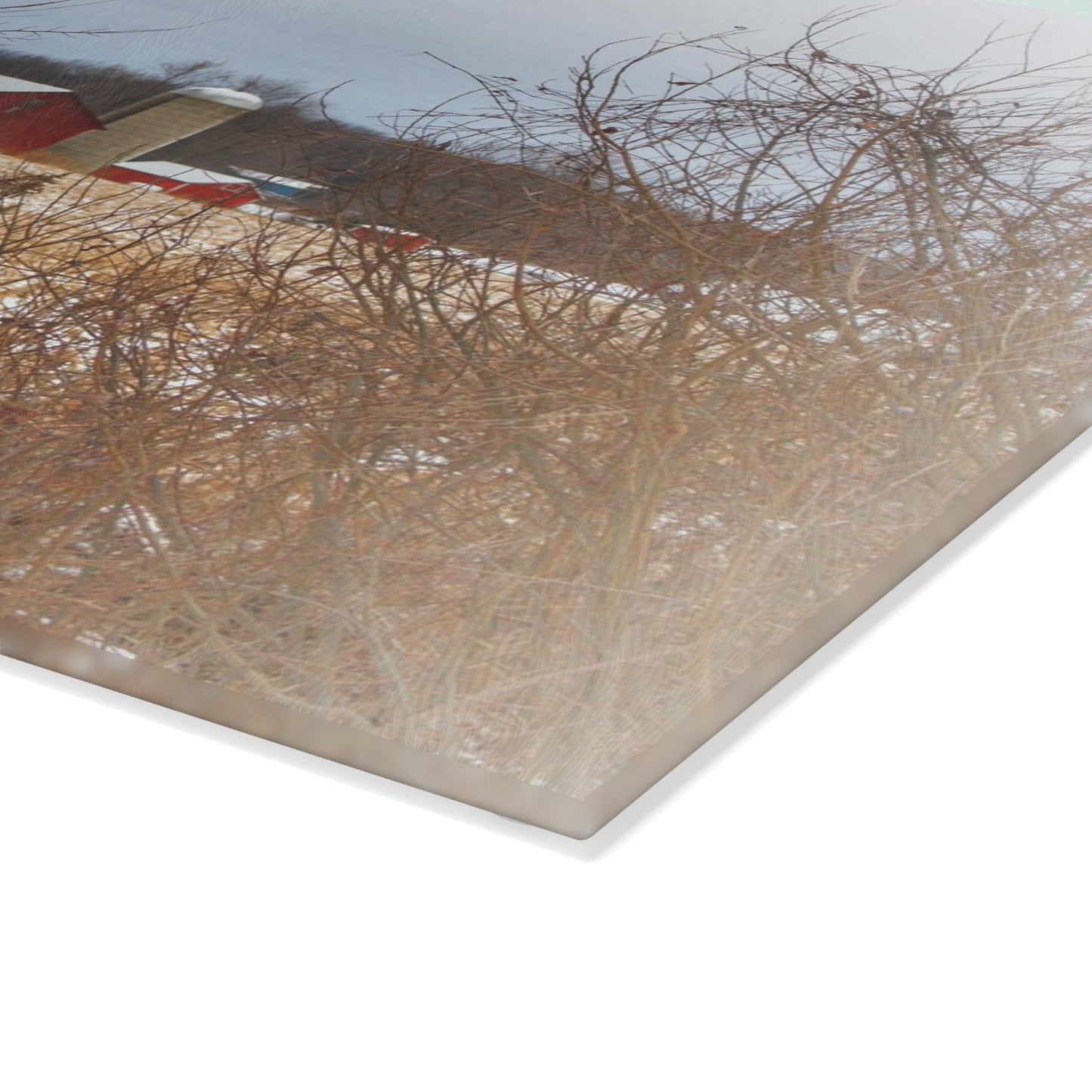U R There Photography Brook Road Red in Winter Rustic Farmhouse Tempered-Glass Cutting Board