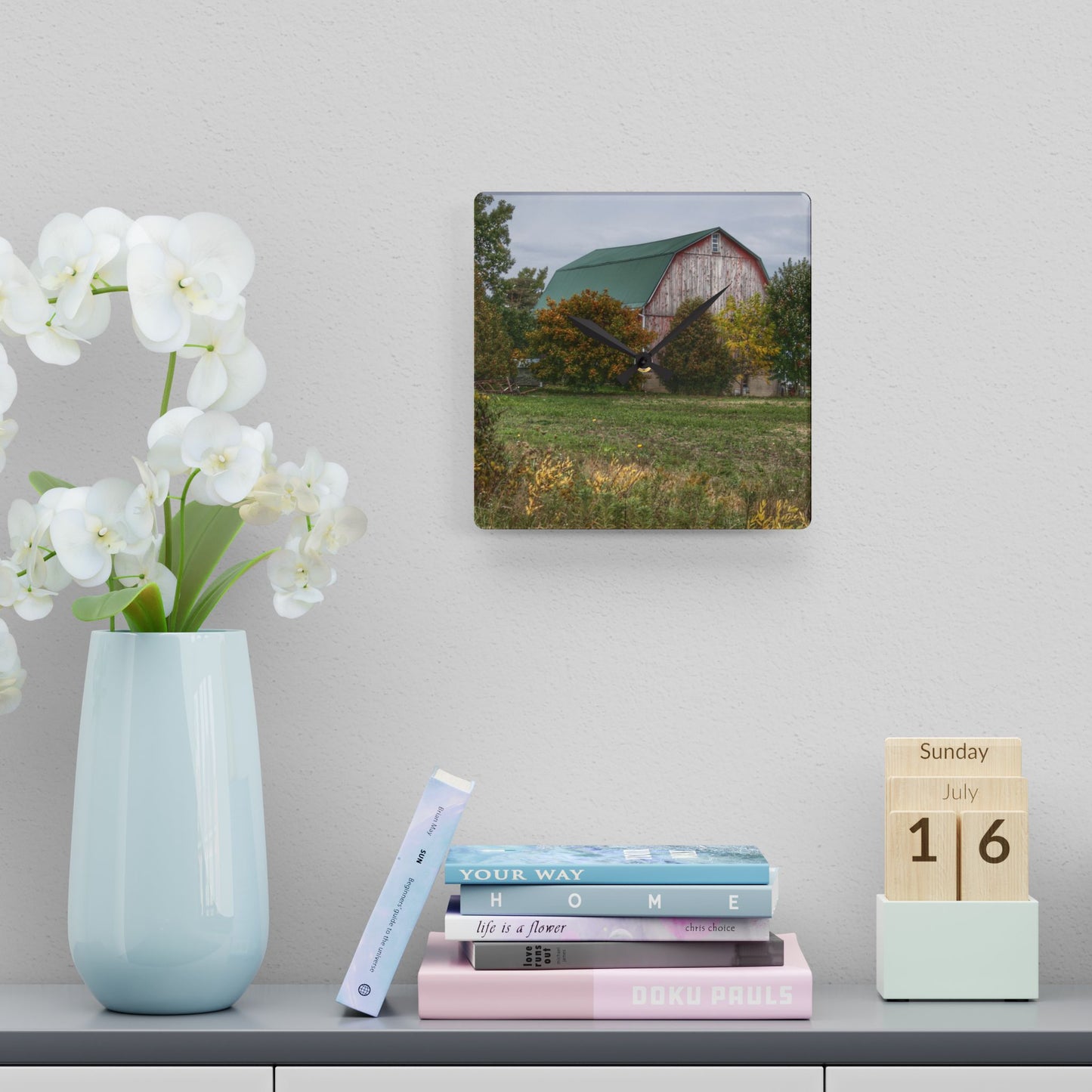U R There Photography Elmwood Road Red II Rustic Farmhouse Acrylic Analog Wall Clock