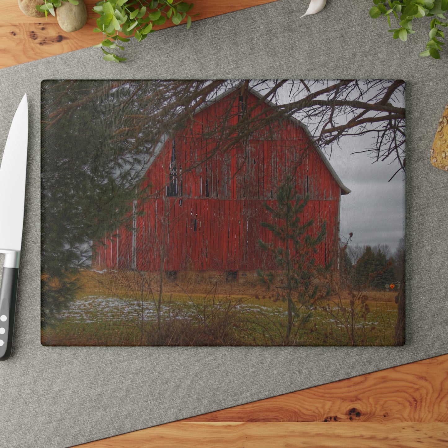 U R There Photography Johnsonmill Road Hidden Red Rustic Farmhouse Tempered-Glass Cutting Board