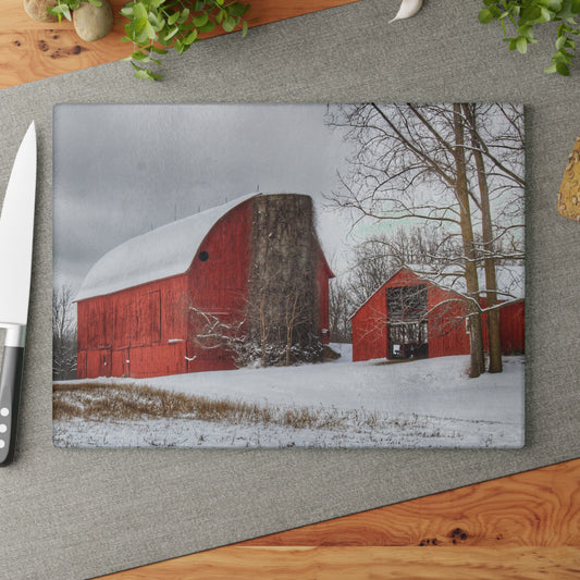 U R There Photography Catlin Reds in Winter I Rustic Farmhouse Tempered-Glass Cutting Board