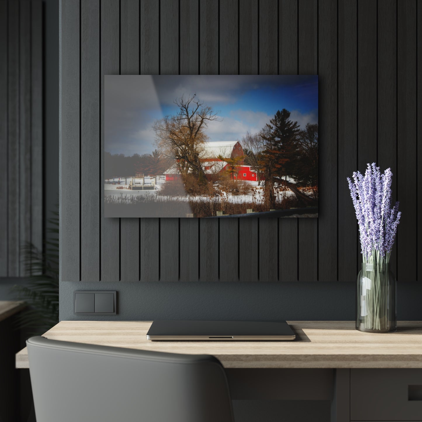 U R There Photography Hadley Road Hidden Red in Winter Rustic Farmhouse Acrylic Wall Print