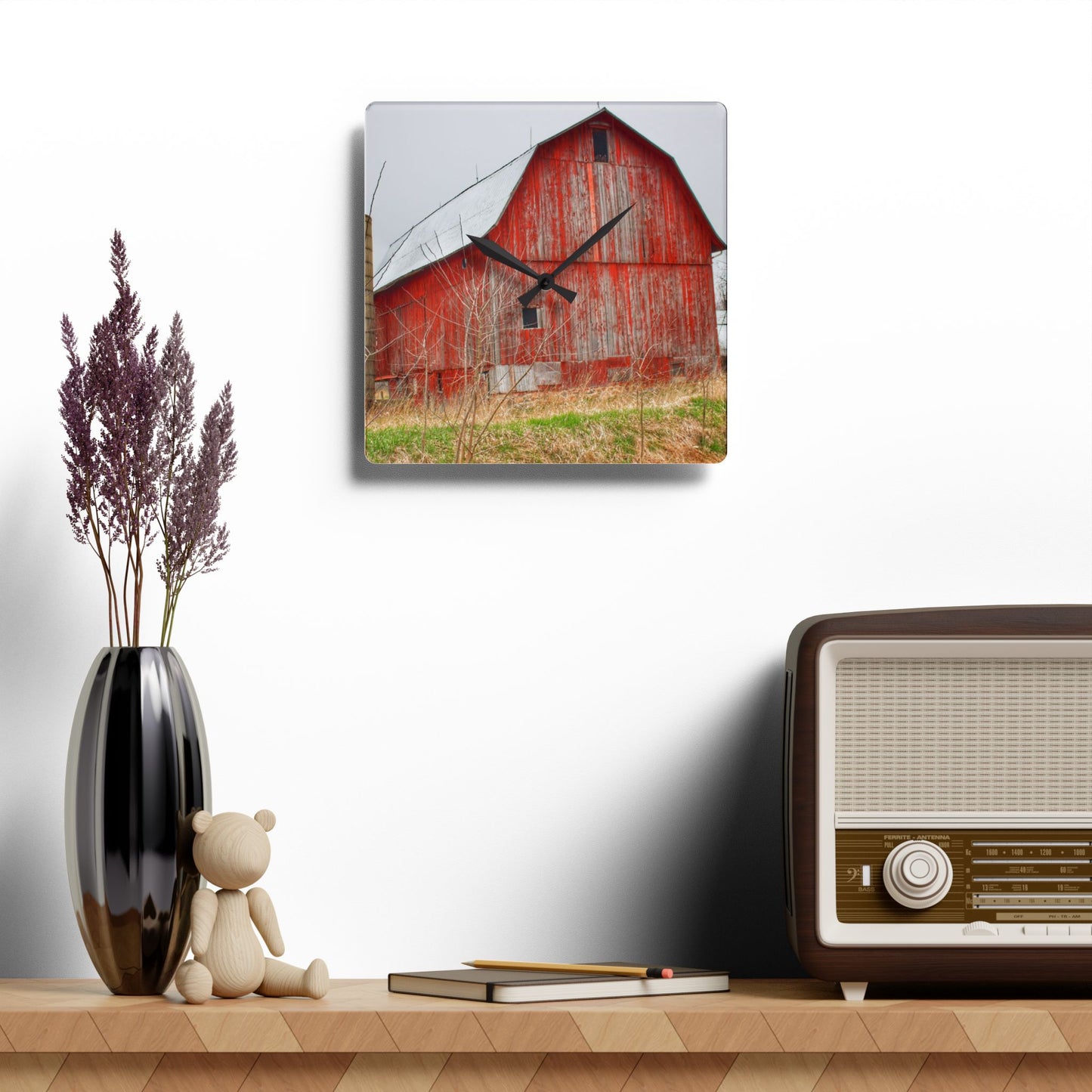 U R There Photography Columbiaville Red 2020 Rustic Farmhouse Acrylic Analog Wall Clock