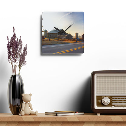 U R There Photography Wilder Road Foggy Morning Greys Rustic Farmhouse Acrylic Analog Wall Clock