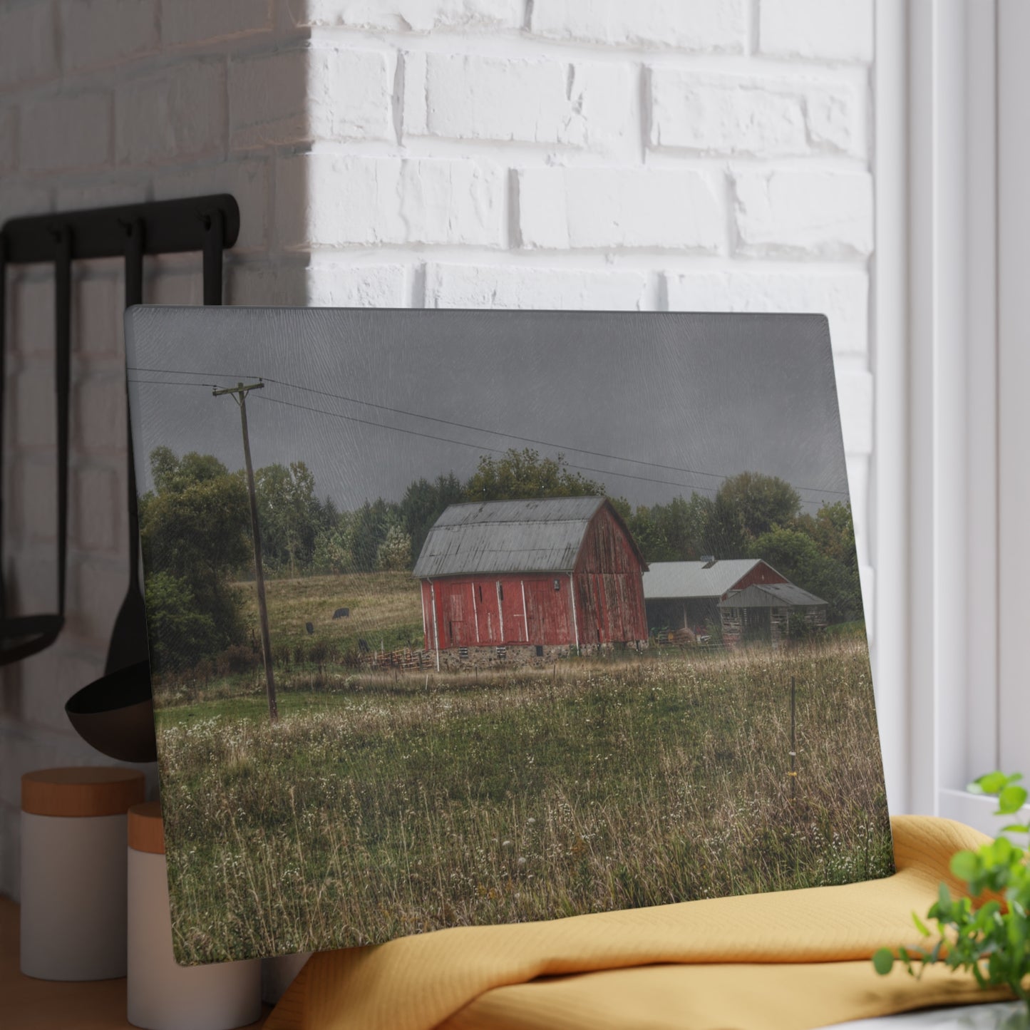 U R There Photography North Lake Road Red I Rustic Farmhouse Tempered-Glass Cutting Board