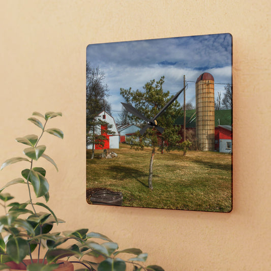 U R There Photography Newark Road Red and Silos I Rustic Farmhouse Acrylic Analog Wall Clock