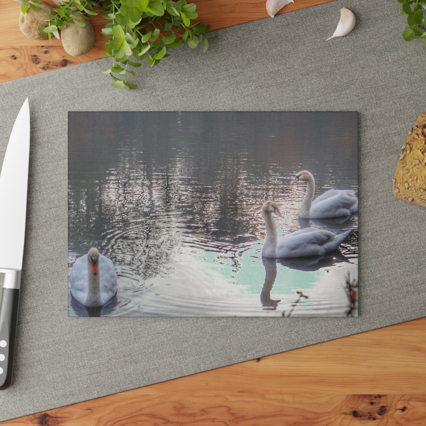 U R There Photography Swans of Duck Lake II Rustic Farmhouse Tempered-Glass Cutting Board