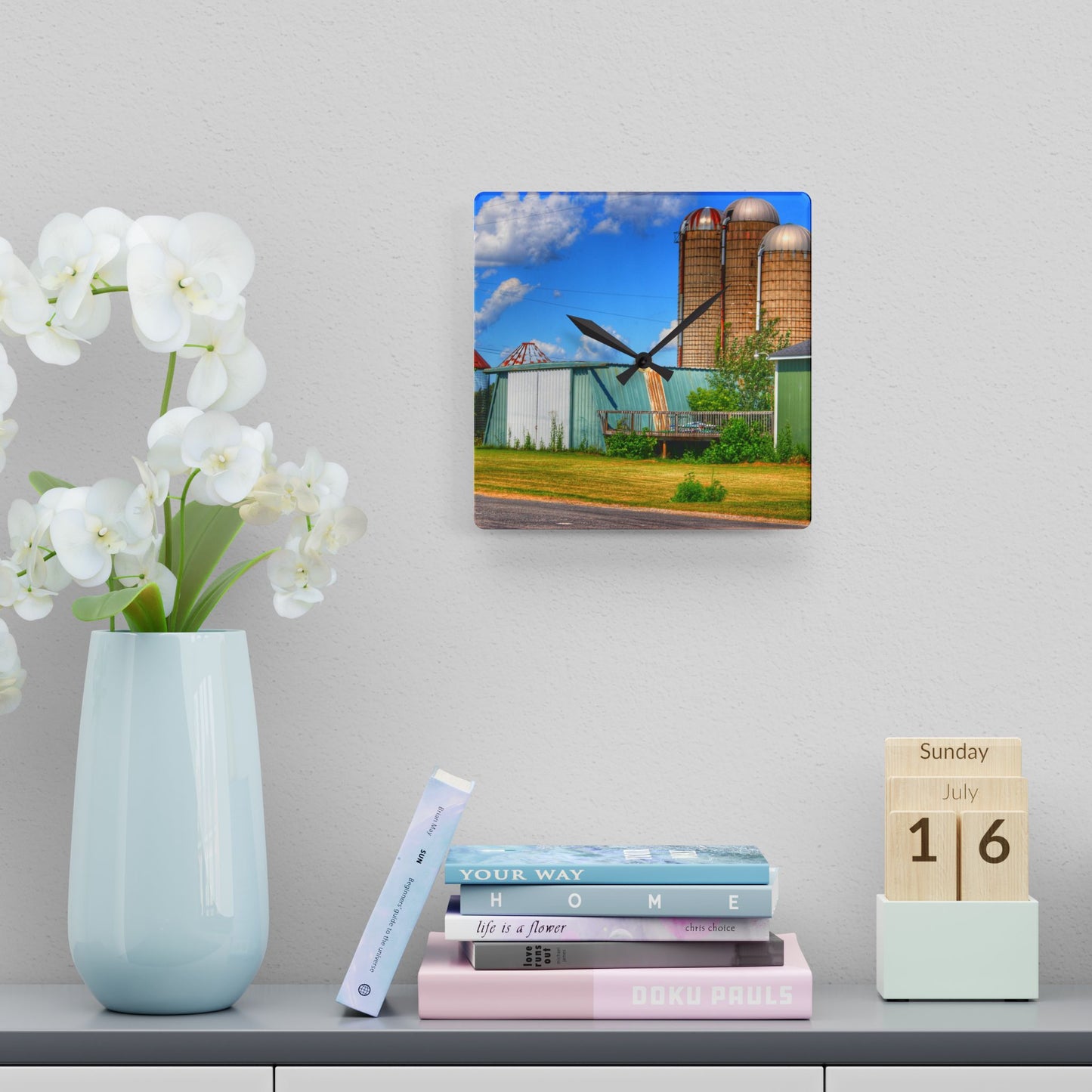 U R There Photography Morrish Road Silos I Rustic Farmhouse Acrylic Analog Wall Clock
