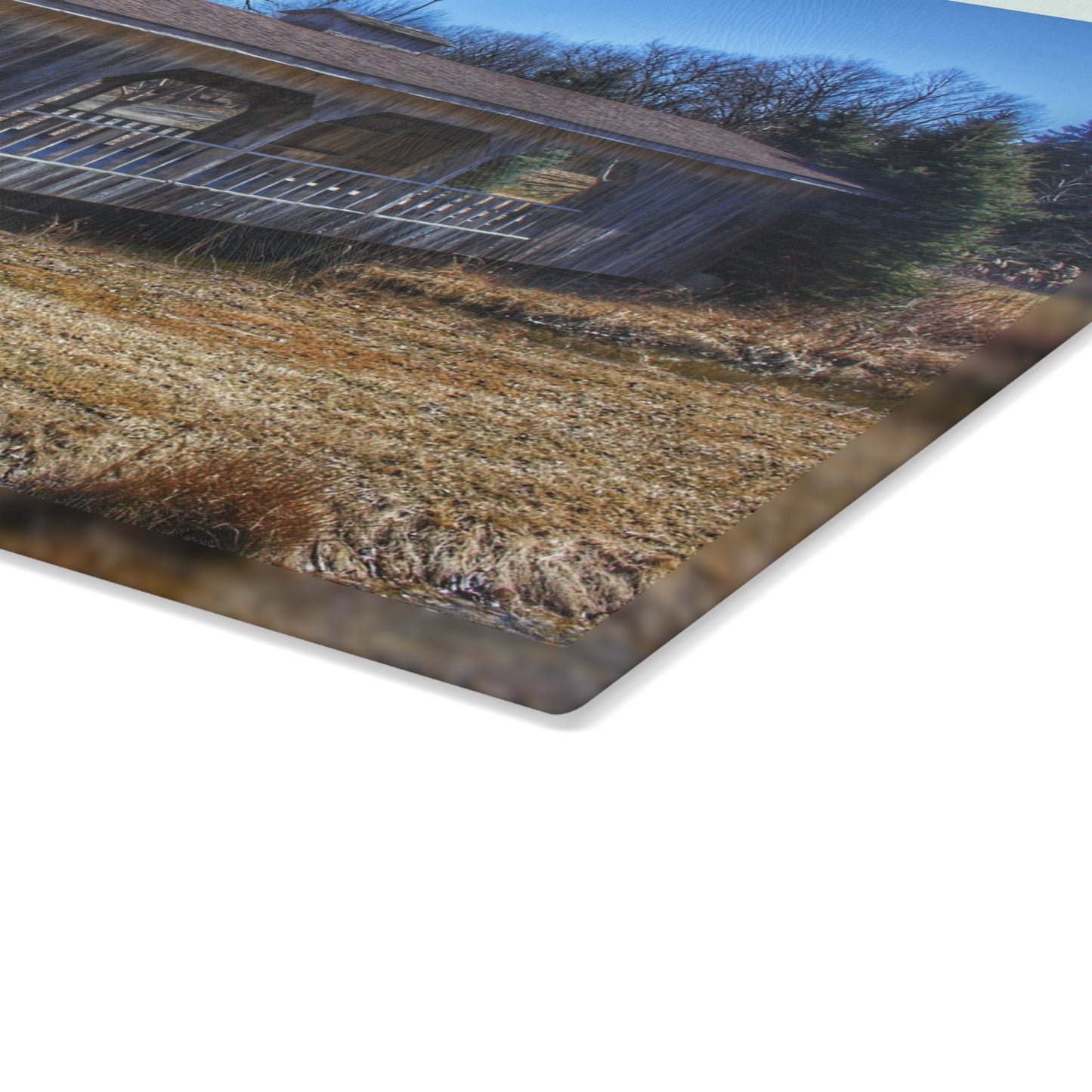 U R There Photography Covered Bridge of Campground Road I Rustic Farmhouse Tempered-Glass Cutting Board